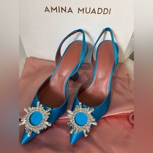 🩵AMINA💙Amina Muaddi Begum 95MM Embellished Satin Slingback Pumps🩵Authentic